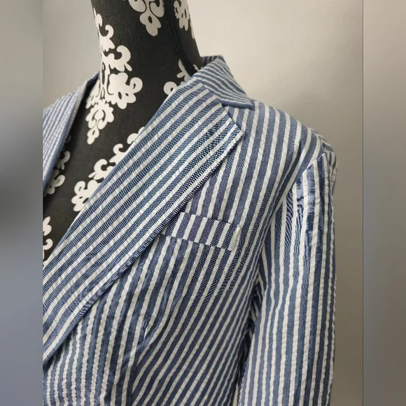 ELLE Open Front Vneck Blazer Shacket Women White/Blue striped 3/4 Sleeve Sz: M - Picture 5 of 14